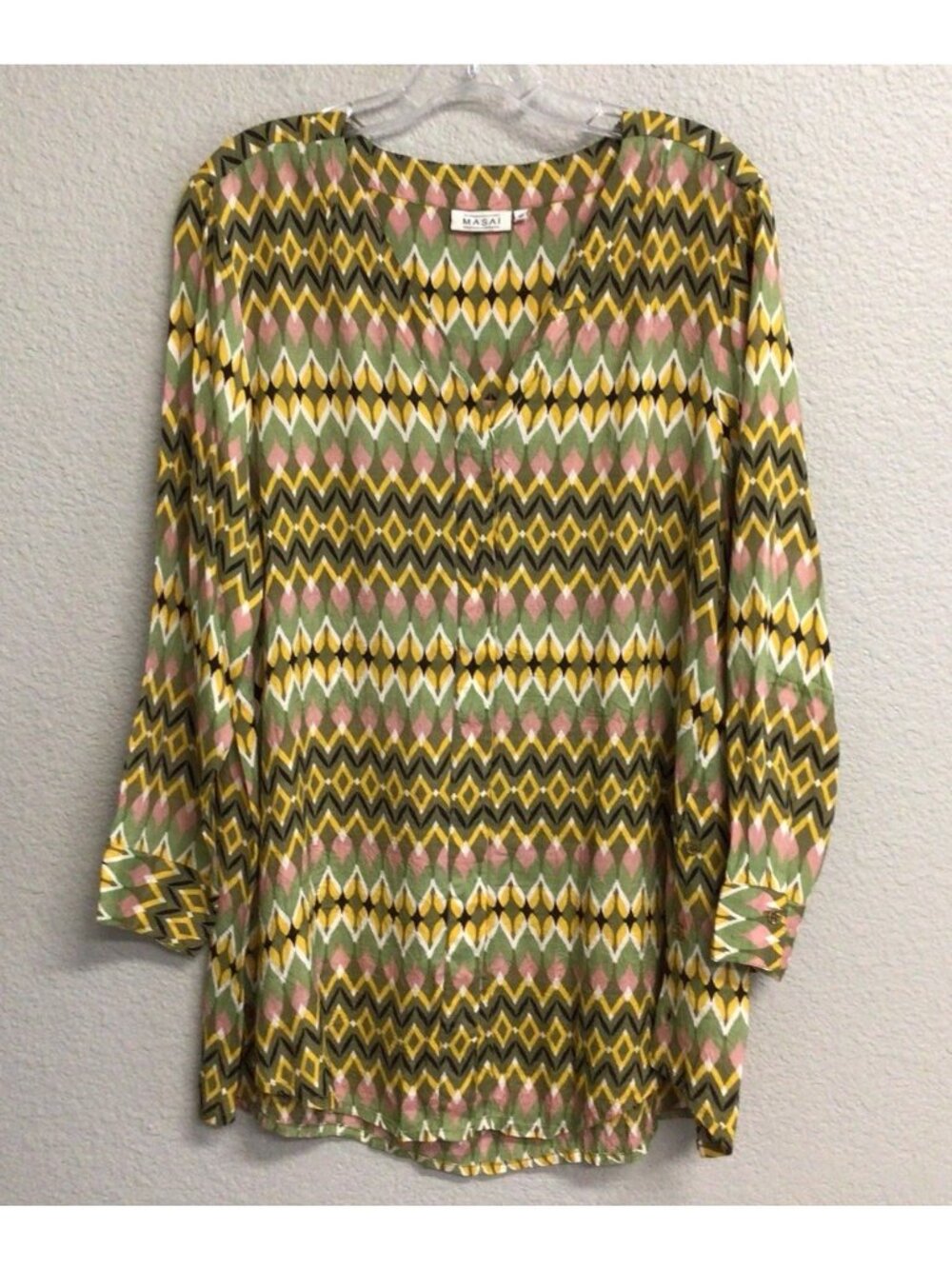 Masai Blouse Top Lagenlook Flowy Beach Green Print Boho Size Medium